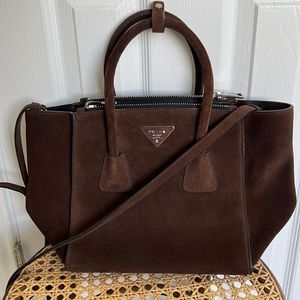 Prada - Brown Suede twin pocket tote bag with strap